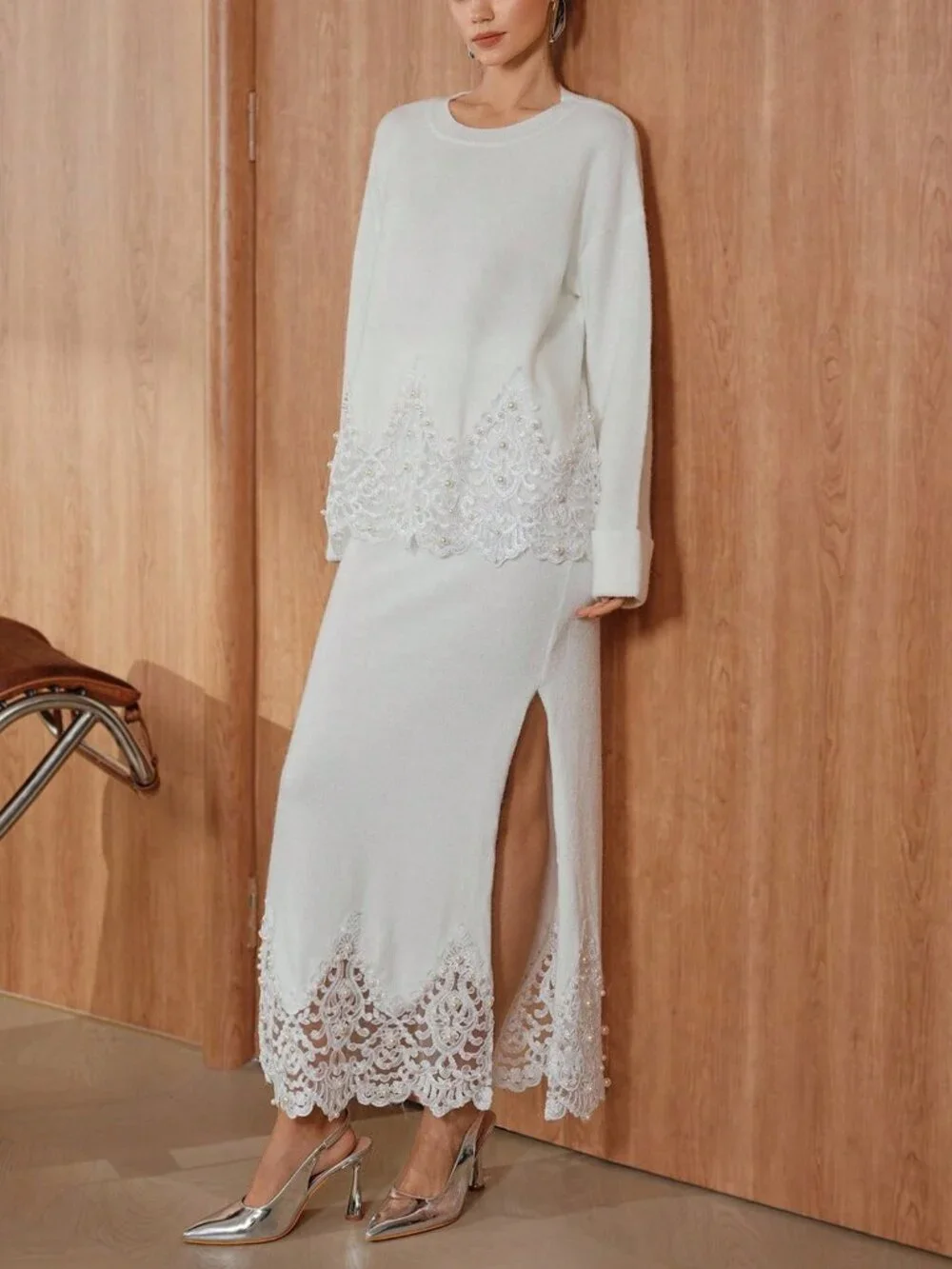 White Casual Women's LAce detailed Sweater top & Maxi Skirt Coord set